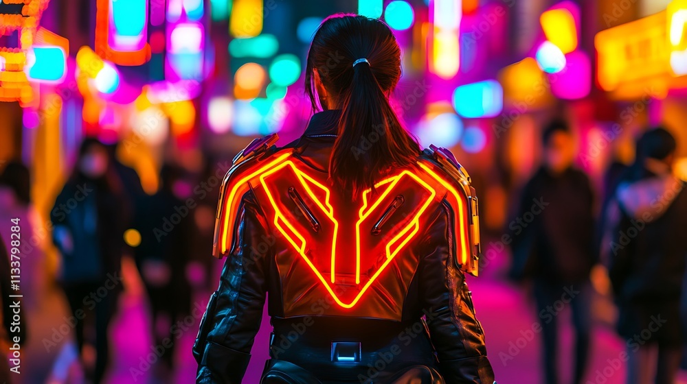 Woman in Neon Jacket Walks Through Vibrant City Night Woman in Neon Jacket Walks Through Vibrant City Night