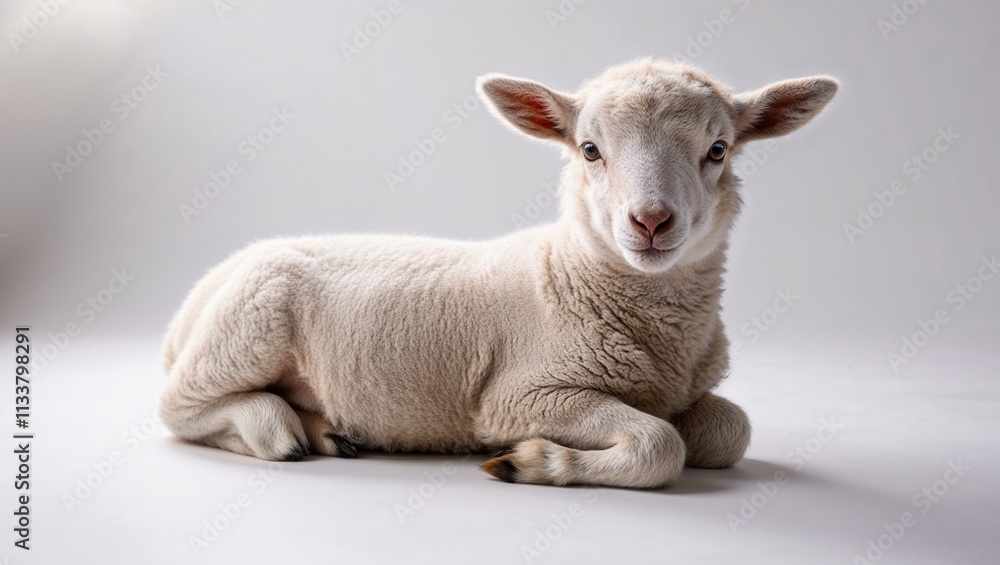 Cute young lamb resting on a white background, looking curiously with soft fur Cute young lamb resting on a white background, looking curiously with soft fur