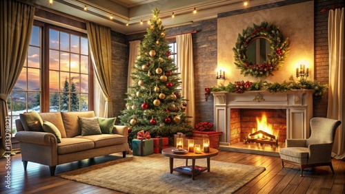 Wallpaper Mural Cozy Christmas living room: festive decor, warm holiday ambiance, and inviting Xmas design. Torontodigital.ca