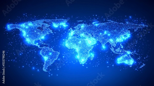 Abstract world map graphic on a blue background highlighting big data and networking concepts in 3D rendering perfect for illustrating global connectivity and data-driven technology