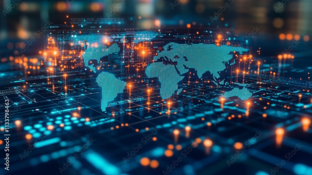 Abstract world map graphic in 3D on a blue background illustrating the concept of big data and networking, ideal for digital transformation and global connectivity themes Abstract world map graphic in 3D on a blue background illustrating the concept of big data and networking, ideal for digital transformation and global connectivity themes