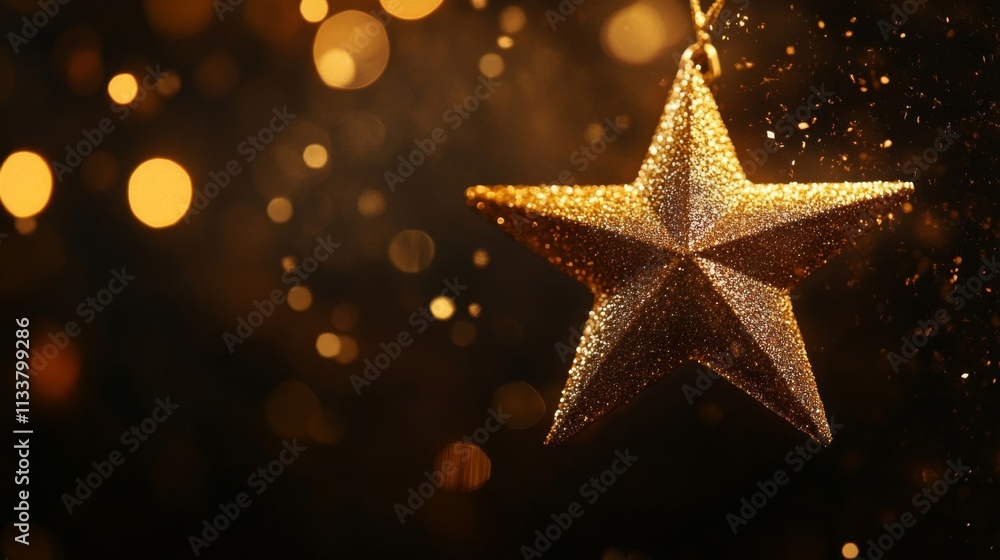 A Glittering Golden Star Hanging Against a Dark Background with Bokeh Lights A Glittering Golden Star Hanging Against a Dark Background with Bokeh Lights