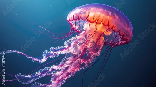 A vibrant jellyfish with pink and orange tentacles floats in deep blue water.