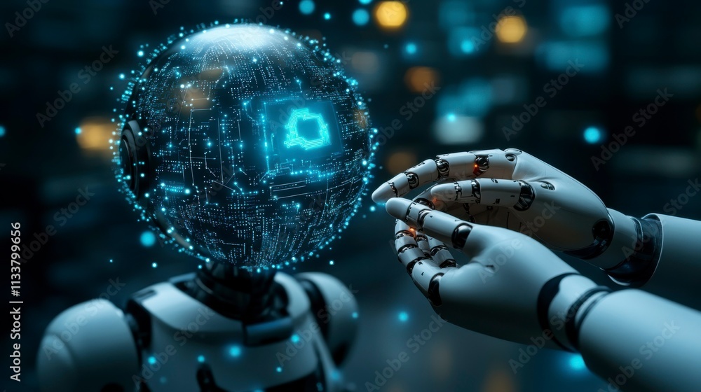 AI and machine learning concept with robot and human hands meeting over big data network background ideal for illustrating technological innovation, science, and the future of artificial intelligence AI and machine learning concept with robot and human hands meeting over big data network background ideal for illustrating technological innovation, science, and the future of artificial intelligence