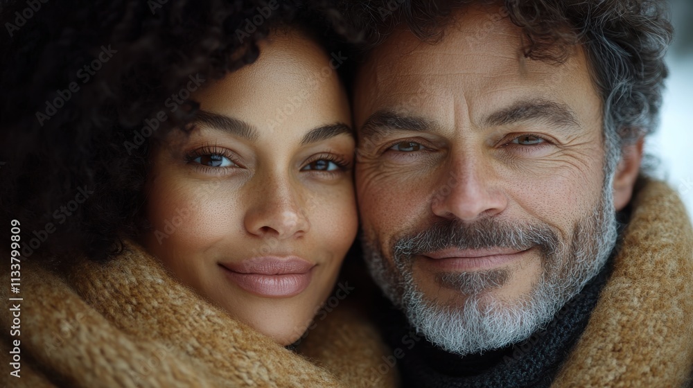 A close-up of a smiling couple wrapped in cozy scarves, radiating warmth and connection. A close-up of a smiling couple wrapped in cozy scarves, radiating warmth and connection.