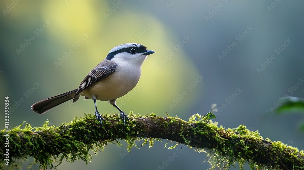 A White Browed Shrike Perched On A Mossy Branch A White Browed Shrike Perched On A Mossy Branch