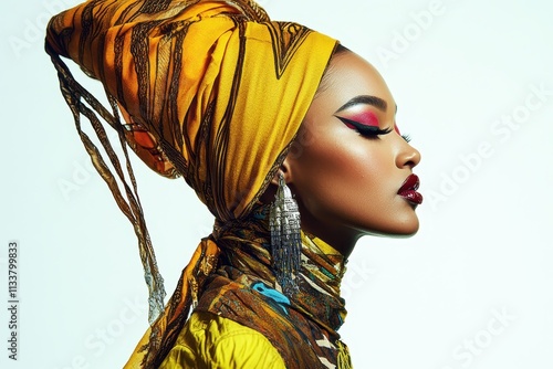 Elegant African Fashion Portrait: A Stunning Model in a Vibrant Yellow Headwrap and Dazzling Jewelry photo