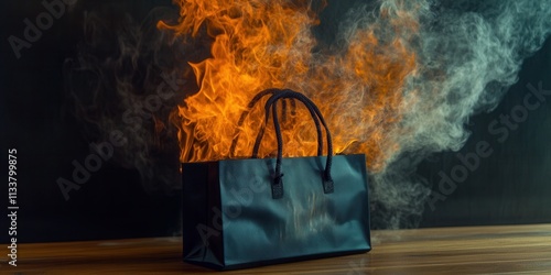 A captivating marketing image of a black craft shopping bag emitting smoke and flames, symbolizing the heat of Black Friday sales and customer engagement. photo