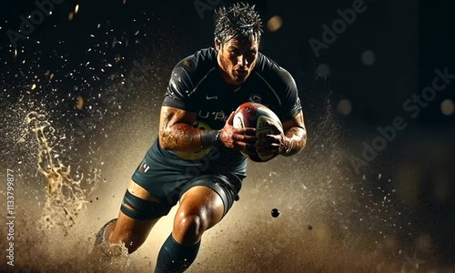 A rugby player sprints through mud, showcasing athleticism and determination in dynamic action.