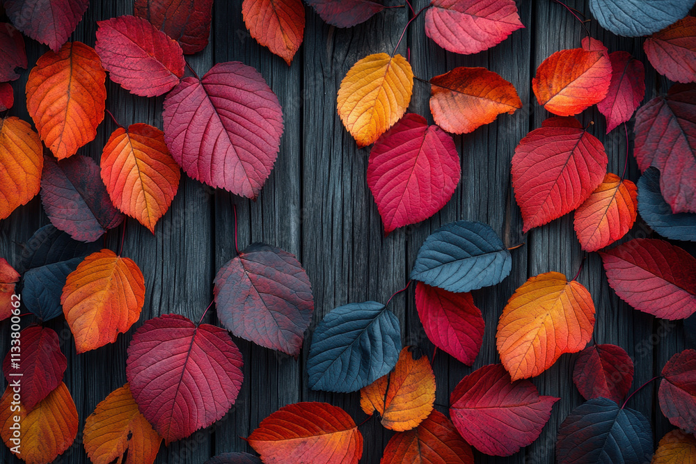Colorful autumn leaves in vibrant shades of red, orange, and yellow arranged on dark wooden background create warm and inviting atmosphere Colorful autumn leaves in vibrant shades of red, orange, and yellow arranged on dark wooden background create warm and inviting atmosphere