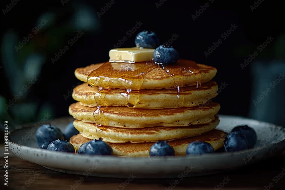 Delicious stack of golden pancakes drizzled with maple syrup, topped with butter and blueberries. A perfect breakfast treat. Delicious stack of golden pancakes drizzled with maple syrup, topped with butter and blueberries. A perfect breakfast treat.