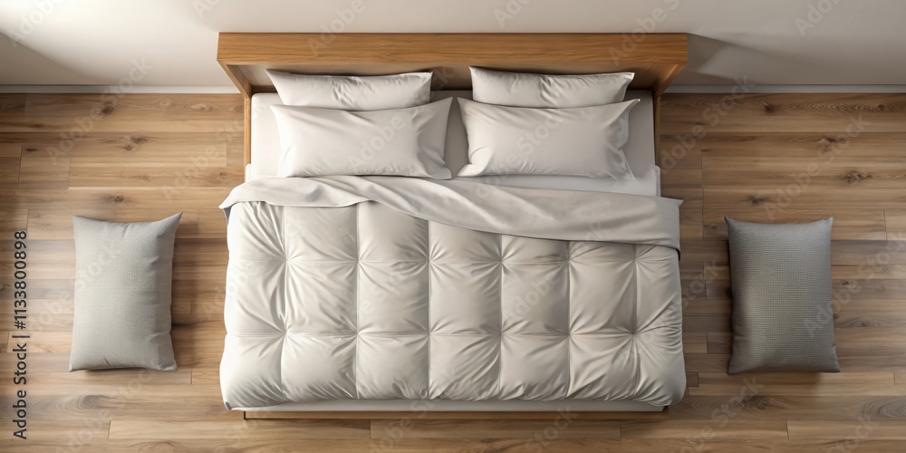 Empty double bed top view with two pillows and a duvet, bedroom, cozy, interior, furniture, comfortable, bedding Empty double bed top view with two pillows and a duvet, bedroom, cozy, interior, furniture, comfortable, bedding