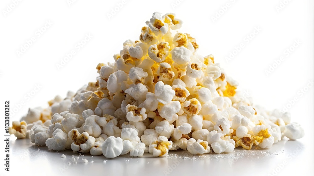 Crisp, white backdrop highlights the textured salt crystals clinging to each popcorn kernel. Crisp, white backdrop highlights the textured salt crystals clinging to each popcorn kernel.