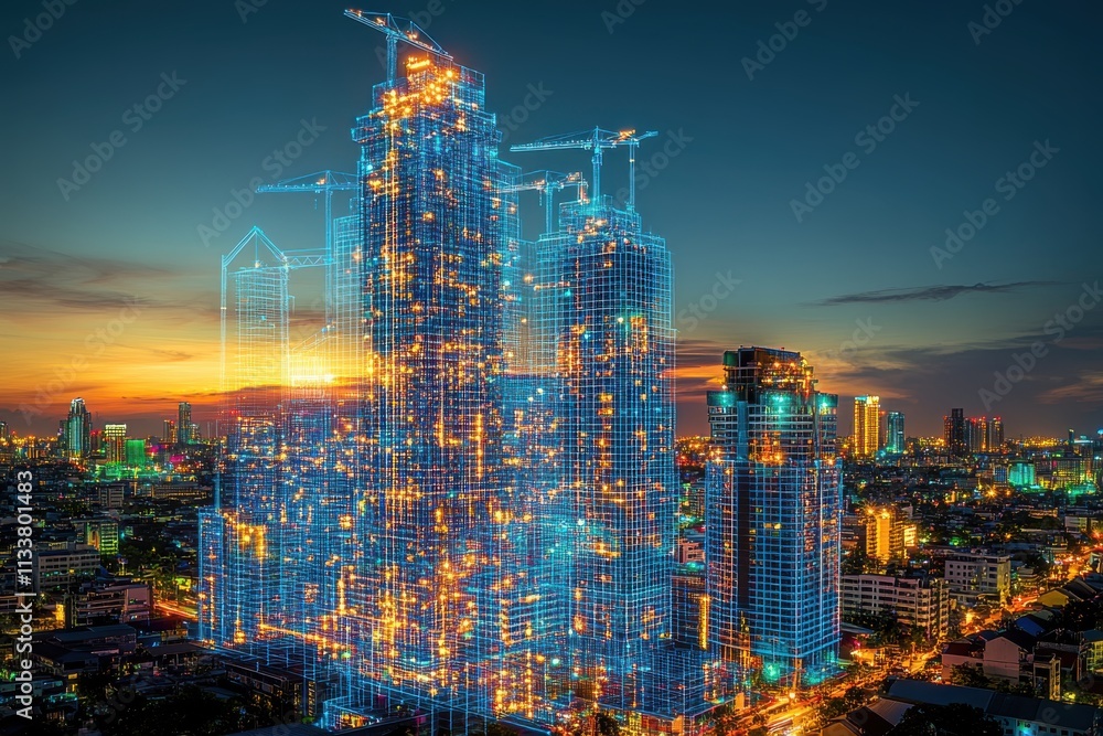 Fototapeta premium Futuristic City Skyline at Dusk with Illuminated Construction and Digital Overlay Representing Urban Development and Technological Progress in Modern Architecture