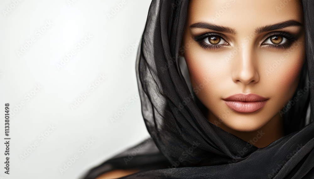 Closeup Portrait of a Beautiful Woman Wearing a Black Sheer Headscarf Mysterious Gaze Elegance and Grace Closeup Portrait of a Beautiful Woman Wearing a Black Sheer Headscarf Mysterious Gaze Elegance and Grace