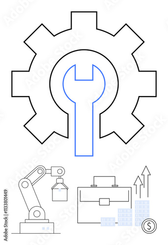 Gear with wrench, robotic arm with box, briefcase, bar graph with arrows, and buildings with a coin. Ideal for industry, automation, economic growth finance business development engineering. Line