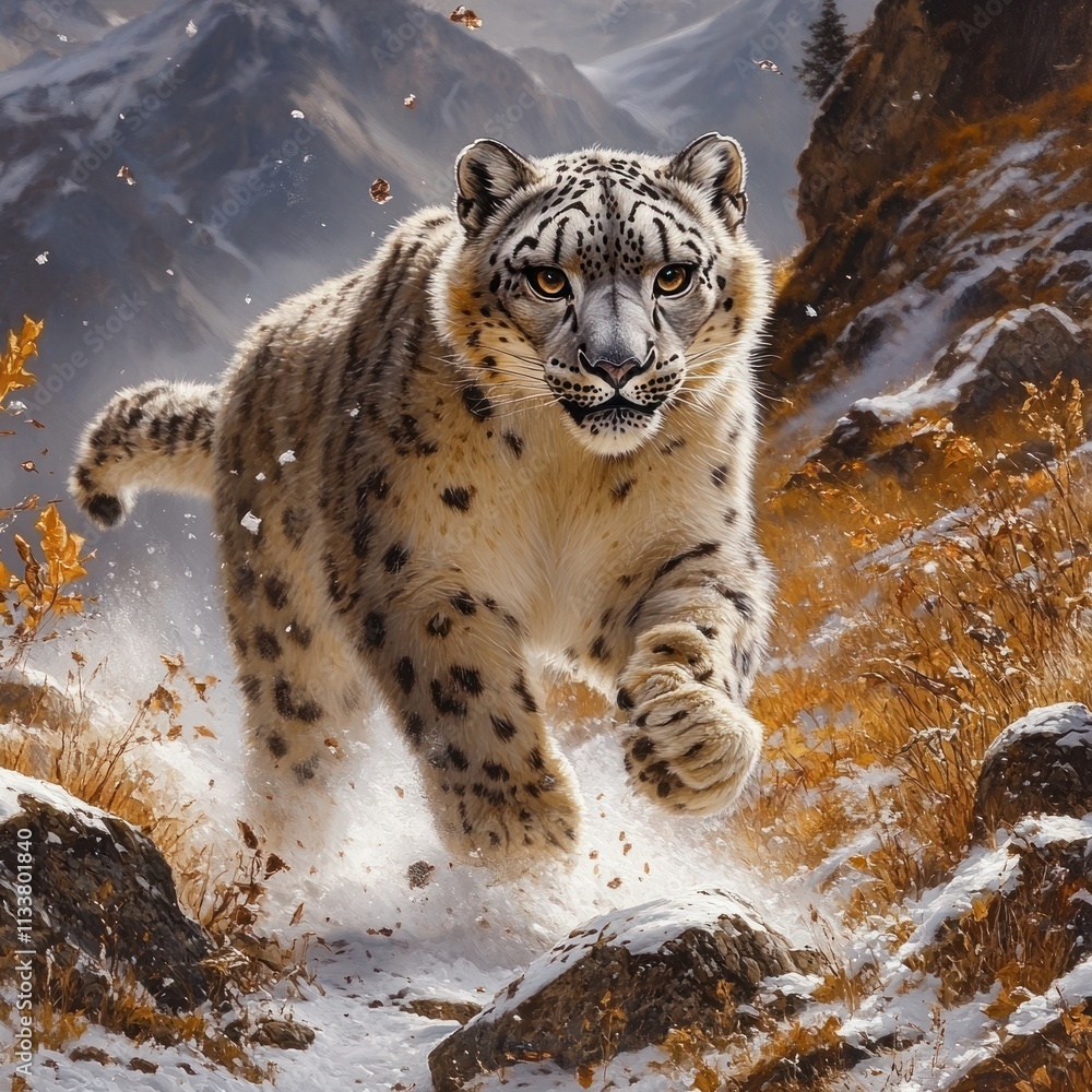 Obraz premium Majestic snow leopard running through snowy mountains, autumn leaves falling.