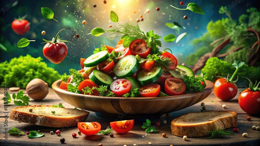 Surreal tomato cucumber salad: summer's bounty, herbs, crusty bread, stunning photography. Surreal tomato cucumber salad: summer's bounty, herbs, crusty bread, stunning photography.