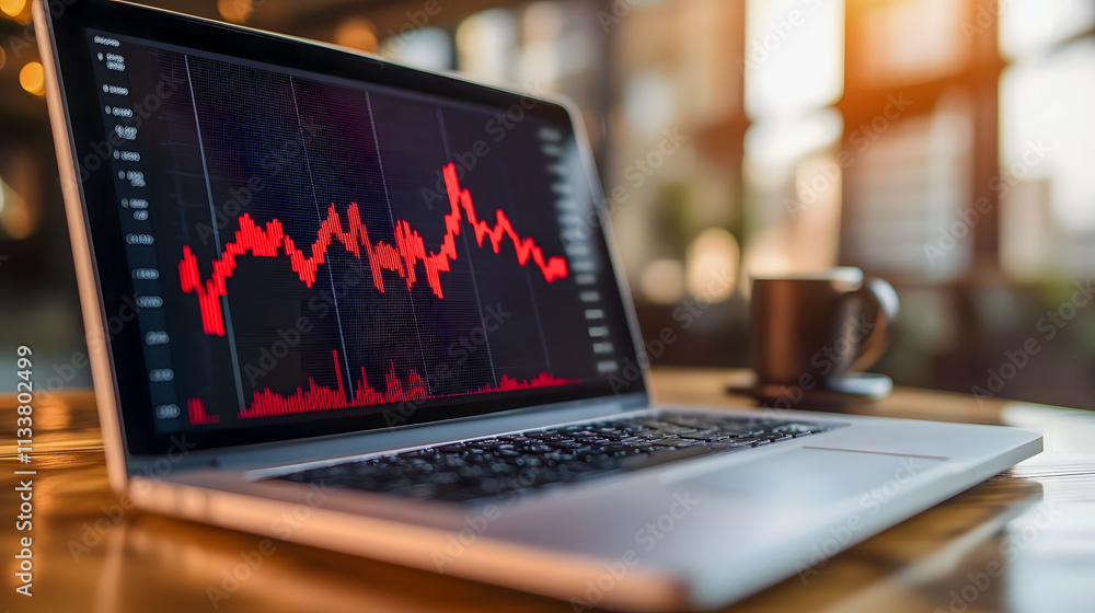 Business analysis with financial data chart displayed on laptop screen in a modern office with sunlight illuminating a coffee cup