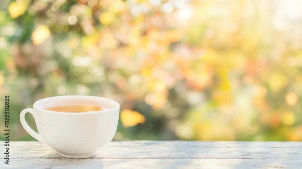 A hot cup of tea sits on a rustic outdoor table amidst vibrant autumn leaves, capturing a tranquil moment in nature's beauty A hot cup of tea sits on a rustic outdoor table amidst vibrant autumn leaves, capturing a tranquil moment in nature's beauty