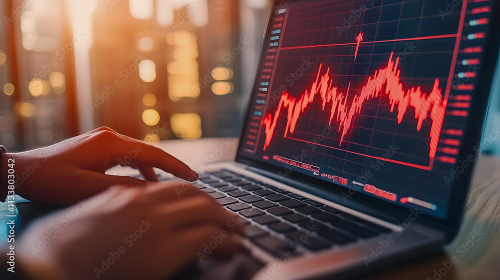 Close-up of Computer Screen Displaying Financial Market Data and Stock Price Decline with Hands Typing on Laptop in Contemporary Office Setting Close-up of Computer Screen Displaying Financial Market Data and Stock Price Decline with Hands Typing on Laptop in Contemporary Office Setting