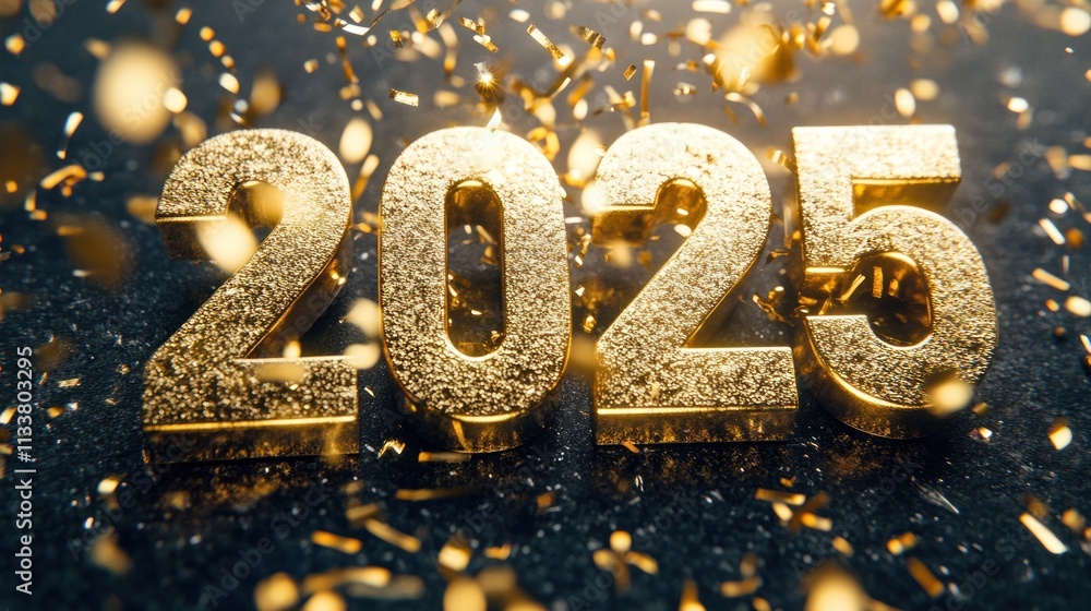 Golden 2025 with confetti on dark surface, celebration theme. Golden 2025 with confetti on dark surface, celebration theme.