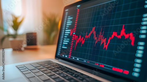 Laptop Displaying Red Financial Chart with Blurred Plants in Background and Soft Natural Light for Business Finance and Trading Concepts