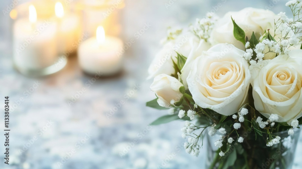 A respectful memorial setup featuring soft white roses arranged with delicate greenery alongside glowing candles, evoking a peaceful atmosphere A respectful memorial setup featuring soft white roses arranged with delicate greenery alongside glowing candles, evoking a peaceful atmosphere