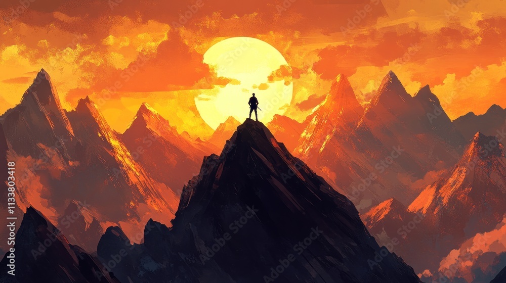 A silhouetted figure stands atop a peak against a vibrant sunset over mountainous terrain. A silhouetted figure stands atop a peak against a vibrant sunset over mountainous terrain.