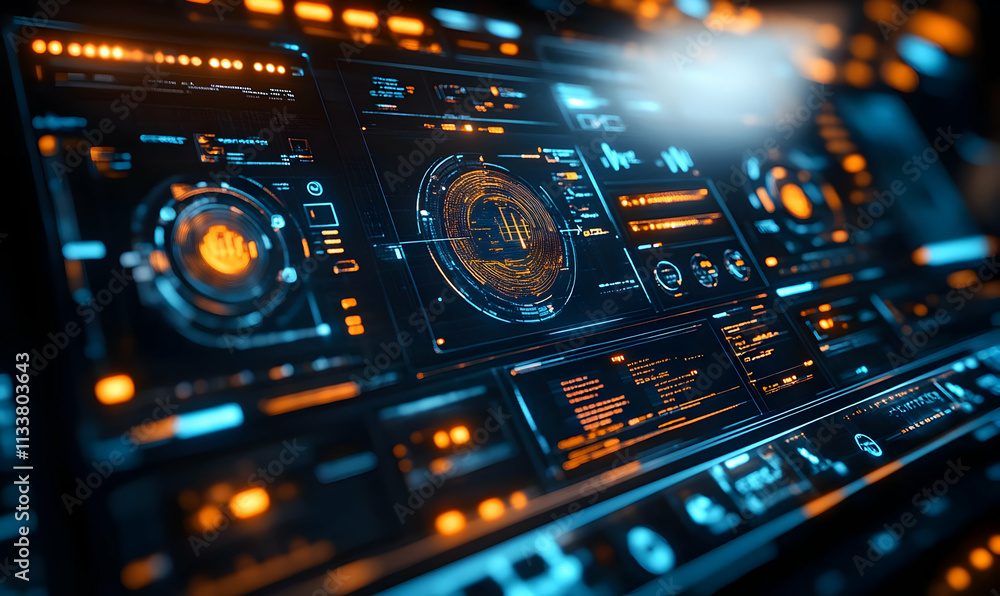 Futuristic digital interface with glowing elements and data displays. Futuristic digital interface with glowing elements and data displays.