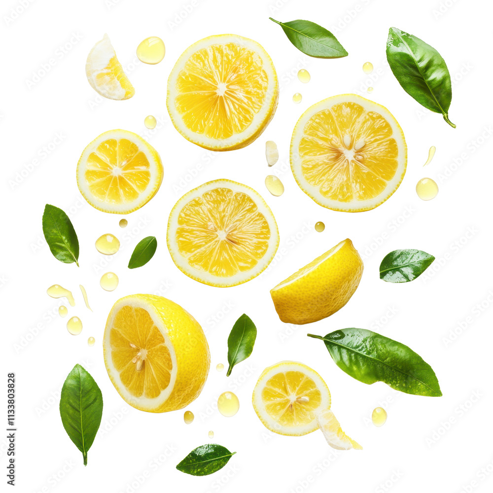 Yellow lemon slices falling with green leaves isolated on transparent background Yellow lemon slices falling with green leaves isolated on transparent background