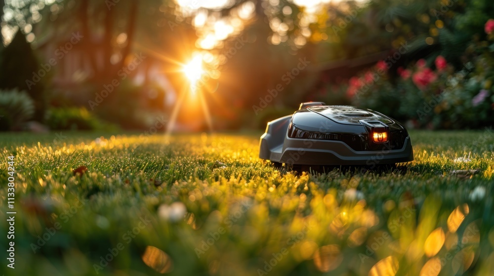 Robotic lawnmower cutting grass at sunset in a lush green garden. Robotic lawnmower cutting grass at sunset in a lush green garden.