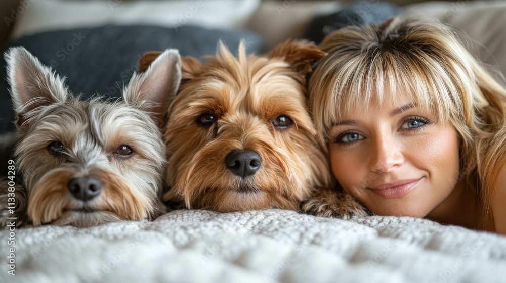 A woman cuddles with two dogs on a cozy bed, showcasing warmth and companionship. A woman cuddles with two dogs on a cozy bed, showcasing warmth and companionship.