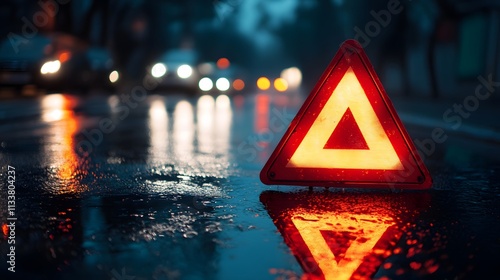 Red Emergency Triangle Reflecting in the Rain at Night