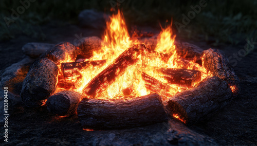 close up view of glowing campfire with bright flames illuminating surrounding logs, creating warm and inviting atmosphere perfect for gatherings