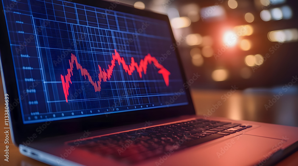 Dramatic Stock Market Trend on Laptop Display with Red Graph and Blurred Background Lights Dramatic Stock Market Trend on Laptop Display with Red Graph and Blurred Background Lights