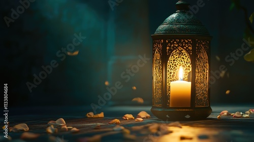 Luminous tradition. A lantern, softly lit by a candle, traditional customs observed during Ramadan Kareem. Wallpaper banner with copy space.