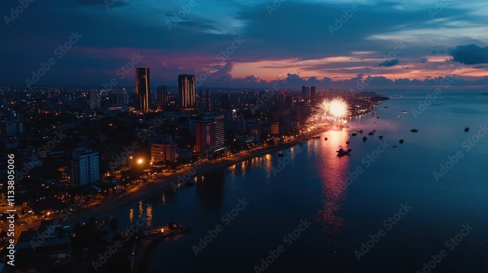 Aerial view of a city skyline at dusk, illuminated by fireworks over the waterfront. Aerial view of a city skyline at dusk, illuminated by fireworks over the waterfront.