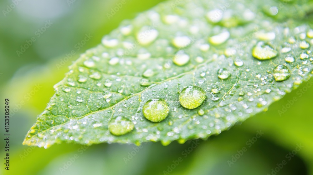 Raindrops cling to the surface of a green leaf, highlighting the vibrancy and freshness of the garden after rain Raindrops cling to the surface of a green leaf, highlighting the vibrancy and freshness of the garden after rain