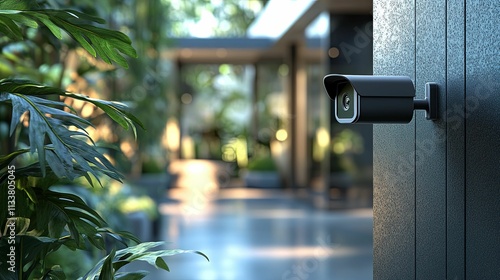 Modern Security Camera Mounted On Exterior Door photo