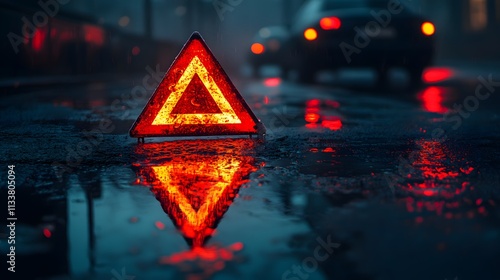 Red Emergency Triangle Reflecting in the Rain at Night