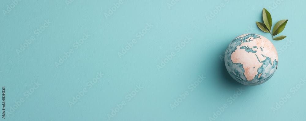 Strategy for market expansion concept. Miniature globe with green leaves on a blue background, symbolizing sustainability. Strategy for market expansion concept. Miniature globe with green leaves on a blue background, symbolizing sustainability.