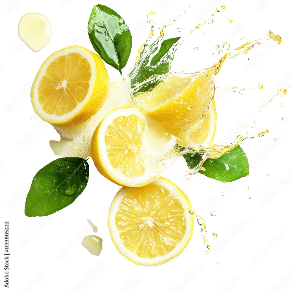 Yellow lemon slices falling with green leaves isolated on transparent background Yellow lemon slices falling with green leaves isolated on transparent background