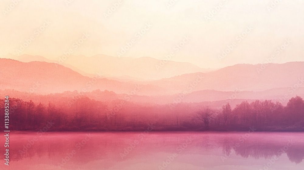 Fototapeta premium Serene landscape with soft pink and purple hues reflected in a calm lake at sunset.