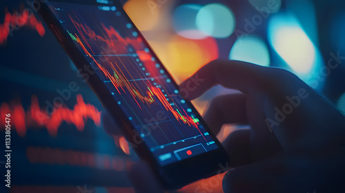 Hand Holding Smartphone Displaying Stock Market Data with Colorful Candlestick Chart and Blurred Background of Bright City Lights at Night