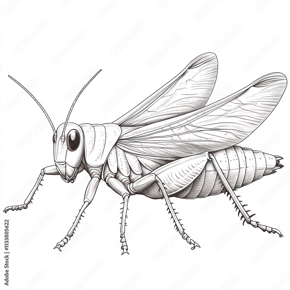 Obraz premium Detailed line drawing of a grasshopper in profile view.
