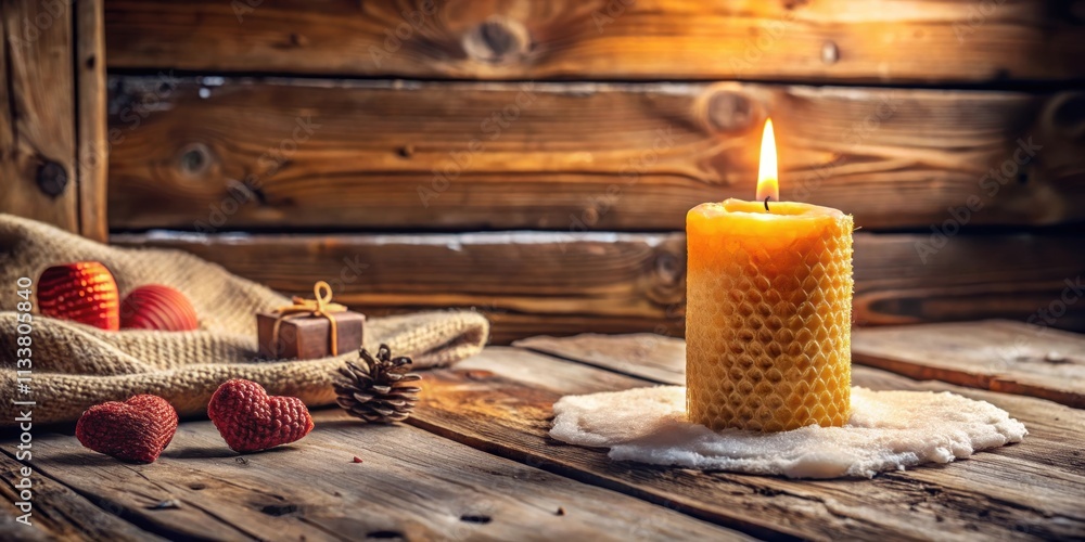 Obraz premium Beeswax candle burning on rustic wooden table in cozy winter cabin, valentine dating concept, Beeswax candle, rustic