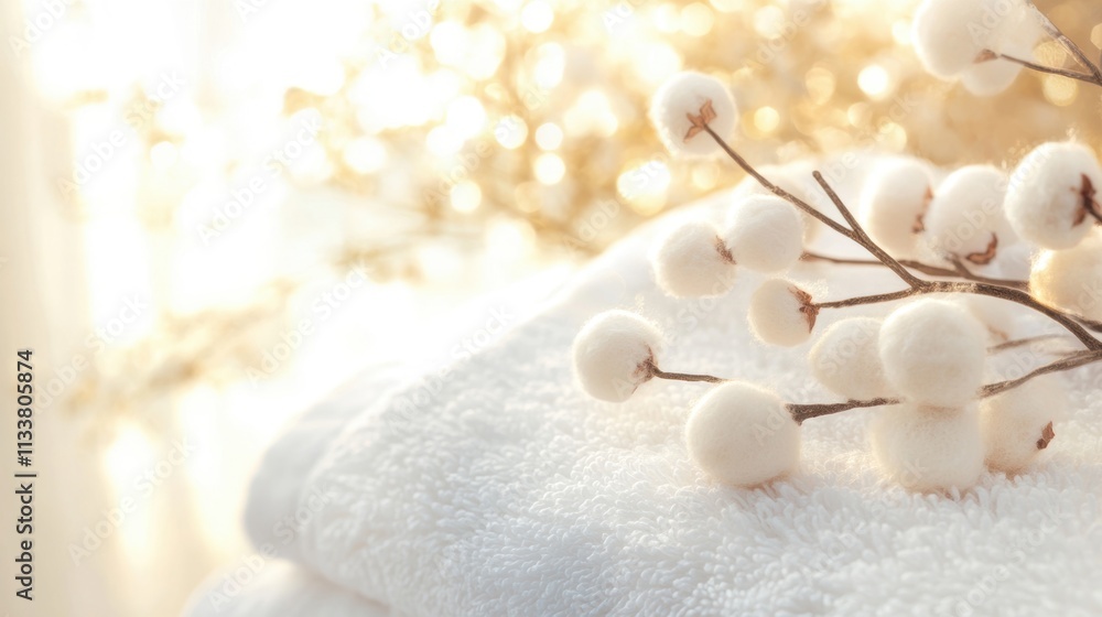Cotton branches rest on soft white towels, creating a calming ambiance in a bright, cozy environment Cotton branches rest on soft white towels, creating a calming ambiance in a bright, cozy environment