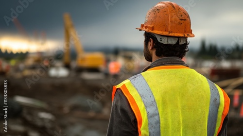 Construction workers observe site activities as stormy weather looms overhead, highlighting the challenges on the job site