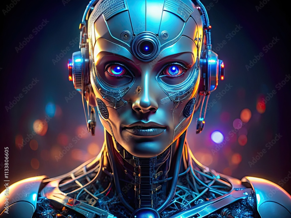 Glowing-eyed android, intricate circuitry, deep focus; a futuristic AI humanoid. Glowing-eyed android, intricate circuitry, deep focus; a futuristic AI humanoid.